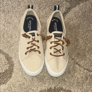 Sperry Cream Canvas Low-Top Sneakers with Brown Laces